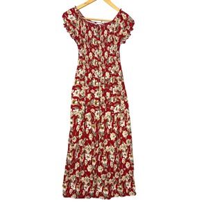 Kindred Smocked Maxi Milkmaid Dress Womens Size XL Floral Red Boho Cottagecore